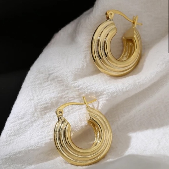 Lucy Williams 18k Gold Medium Ridge Hoop Earrings - Picture 2 of 6